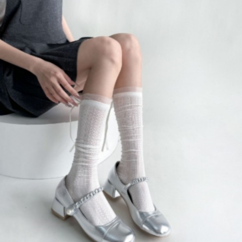 Ballet-style Hollowed-out Mid-calf Socks With A Bow-tie Ribbon