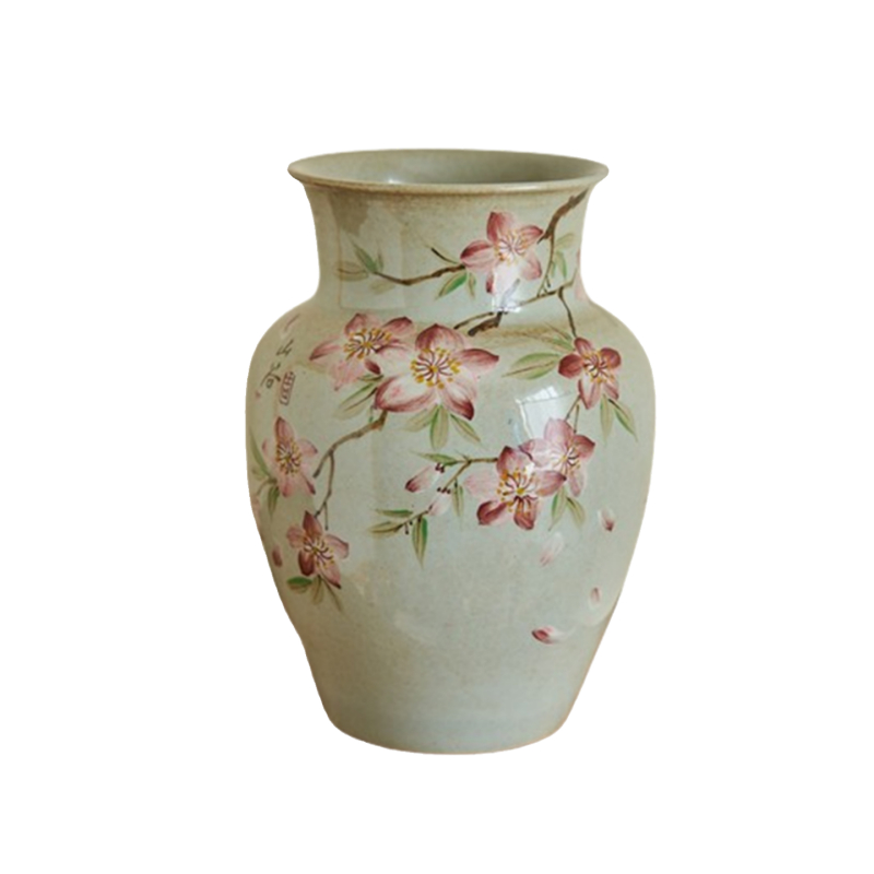 Handmade Retro Wide-Mouth Hand-Painted Peach Blossom Ceramic Vase