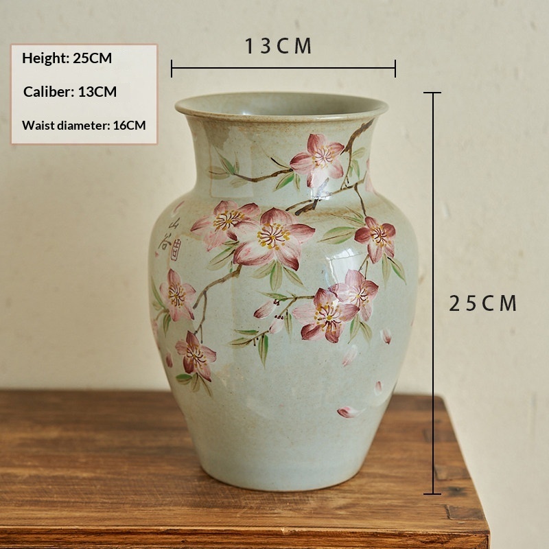 Handmade Retro Wide-Mouth Hand-Painted Peach Blossom Ceramic Vase