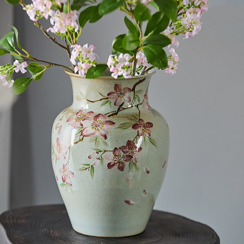Handmade Retro Wide-Mouth Hand-Painted Peach Blossom Ceramic Vase