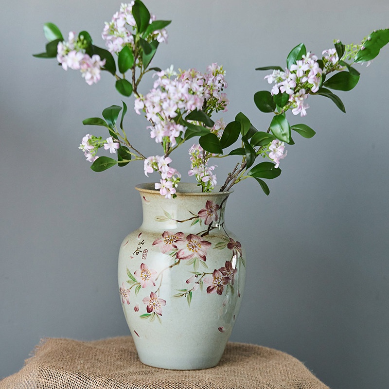Handmade Retro Wide-Mouth Hand-Painted Peach Blossom Ceramic Vase