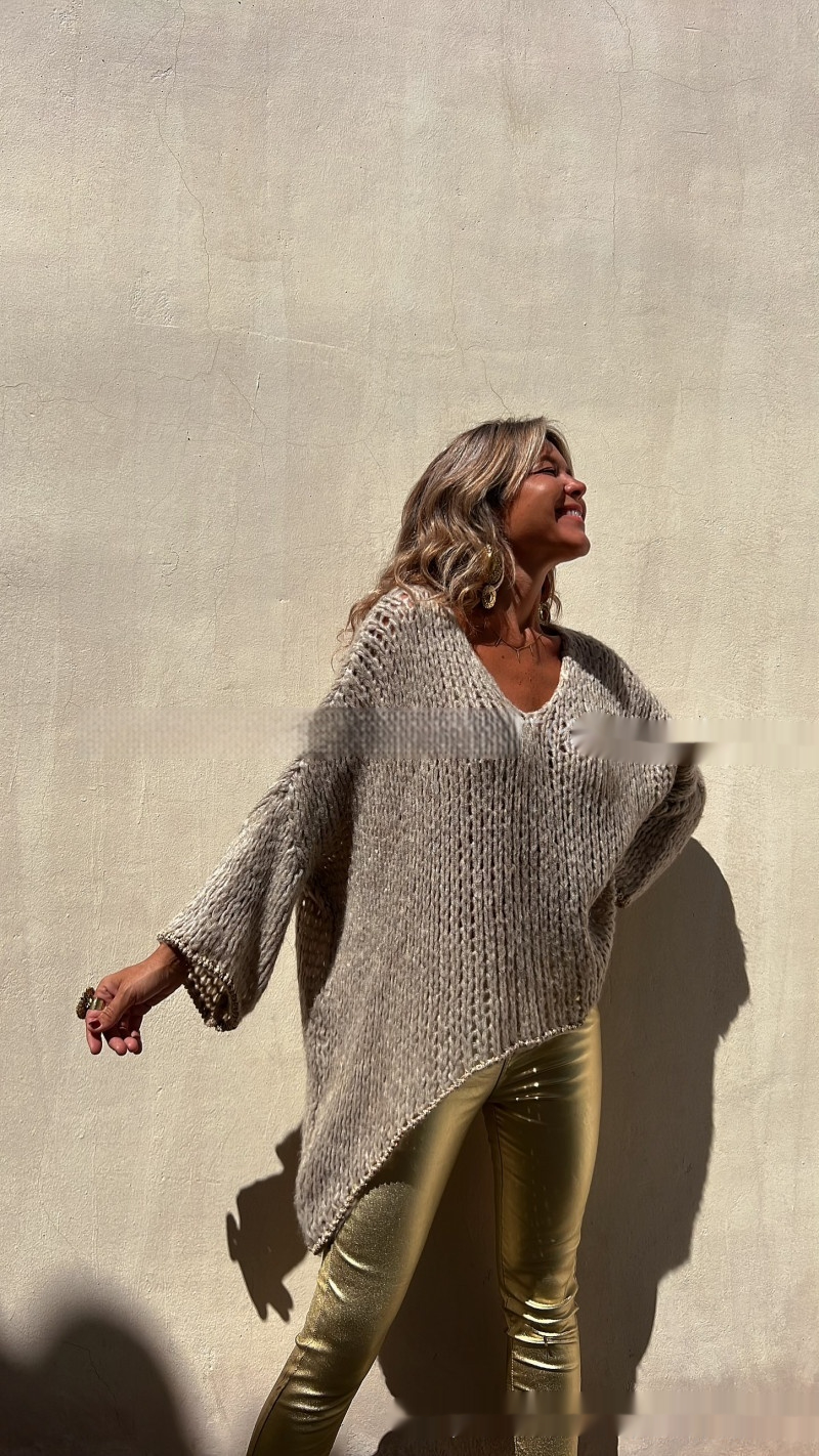 Womens Fashion V-Neck Loose-Fitting Knitted Pullover Sweater