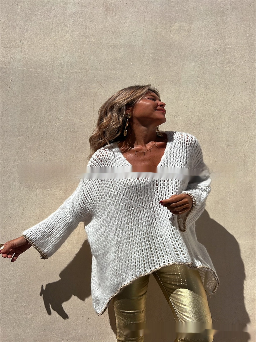 Womens Fashion V-Neck Loose-Fitting Knitted Pullover Sweater