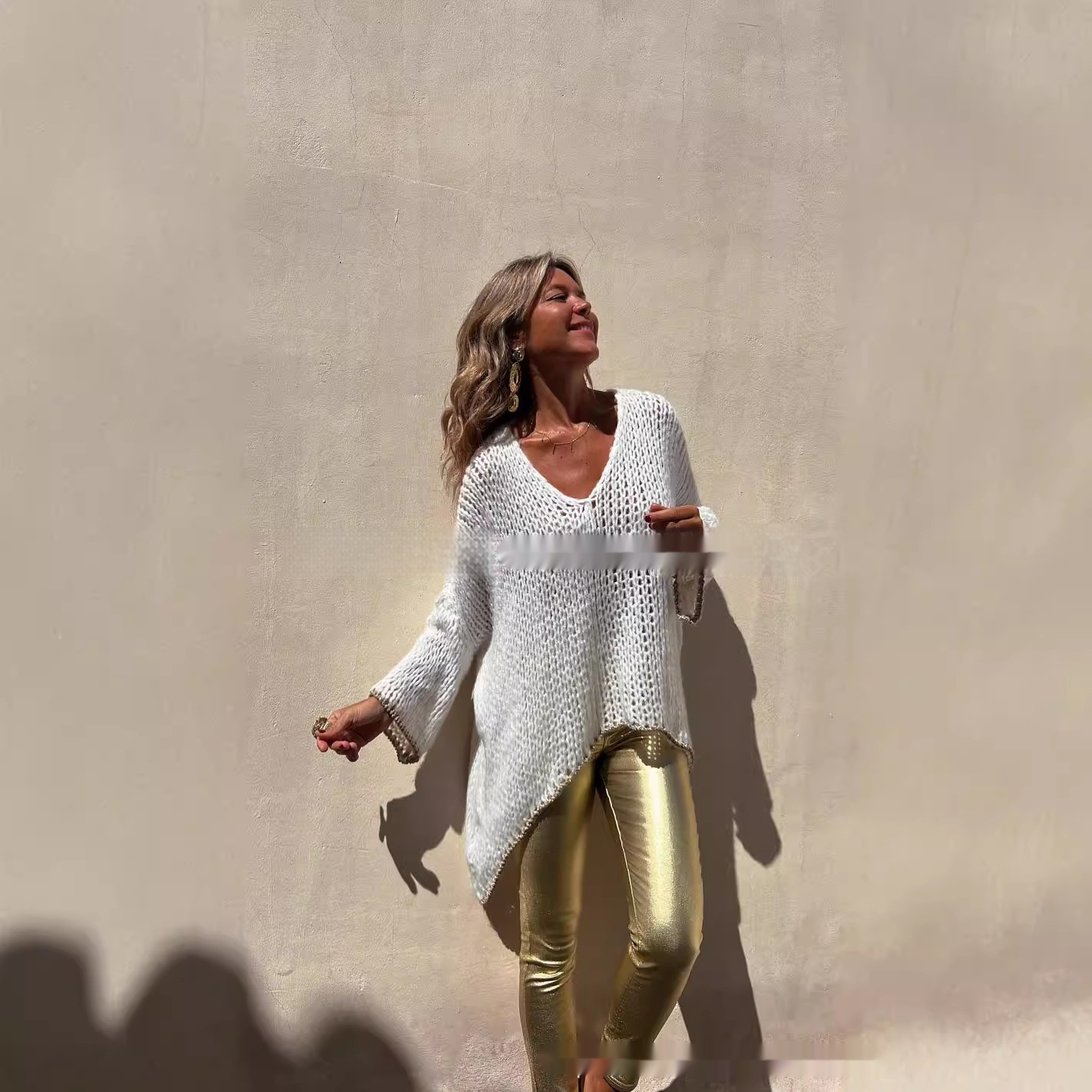 Womens Fashion V-Neck Loose-Fitting Knitted Pullover Sweater