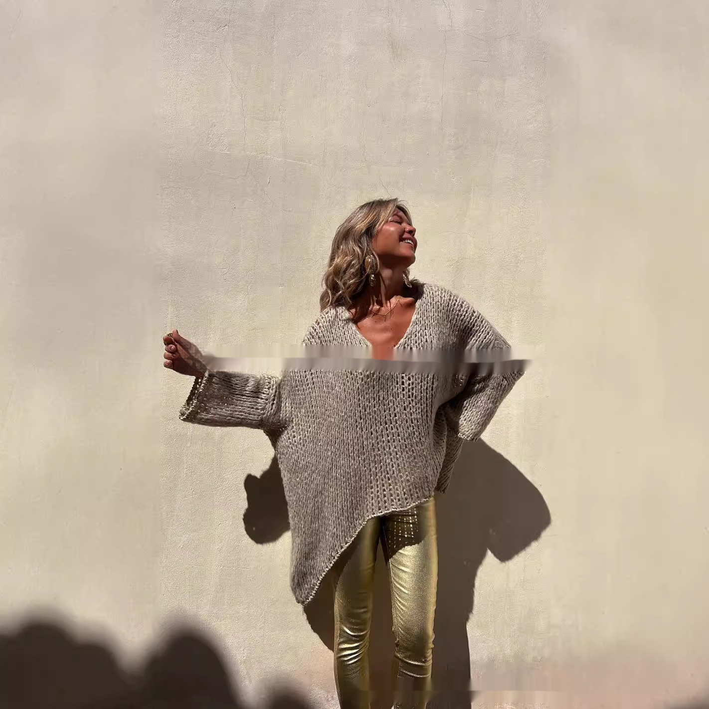 Womens Fashion V-Neck Loose-Fitting Knitted Pullover Sweater