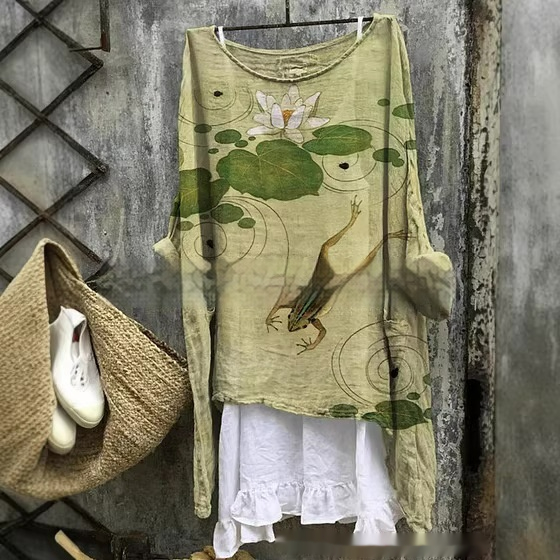 Womens Embroidered Loose Linen Top With Long Sleeves