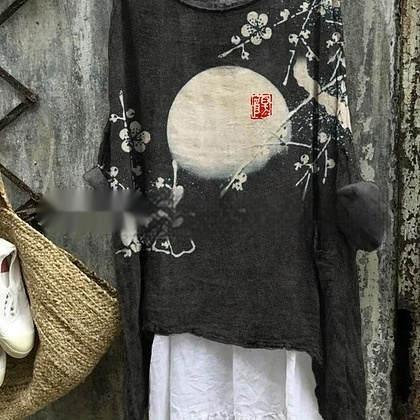 Womens Embroidered Loose Linen Top With Long Sleeves