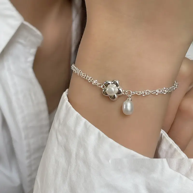 S925 Sterling Silver Pearl Flower Bracelet For Women