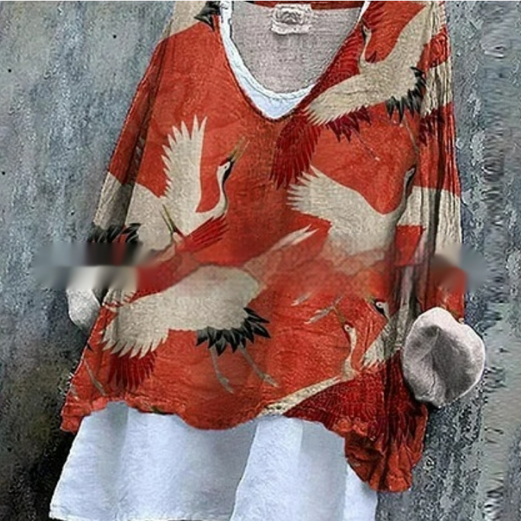 Womens Embroidered Loose Linen Top With Long Sleeves