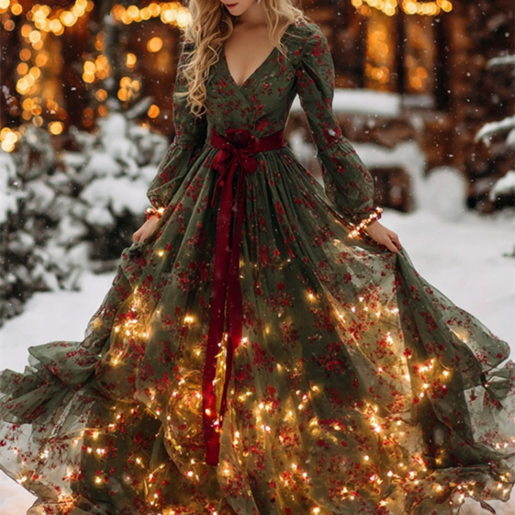 Long-sleeve Digital-print V-neck Maxi Dress