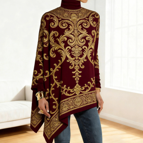 Vintage Luxury Asymmetric-Hem Poncho Blouse