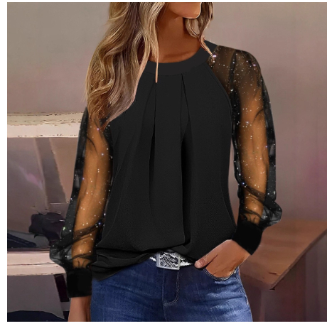 Womens Stylish Round-Neck Lace-Patchwork Top