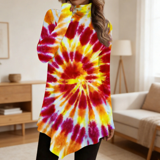 Gradient Tie-Dye Turtleneck Loose Long Tunic Top