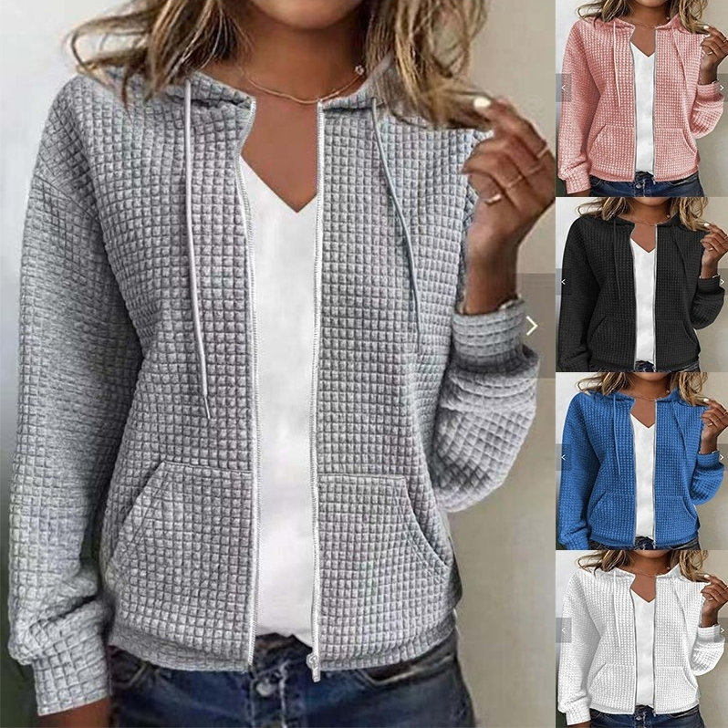 Womens Solid Color Hooded Zip Up Loose Long Sleeve Jacquard Sweatshirt
