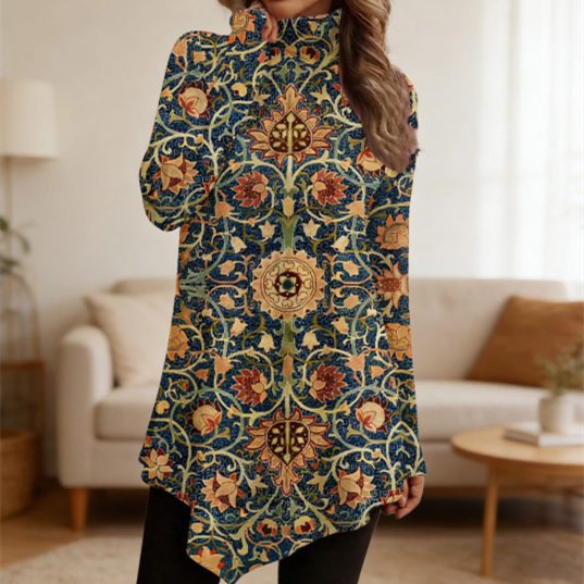 Vintage Pattern Turtleneck Loose Long Tunic Top