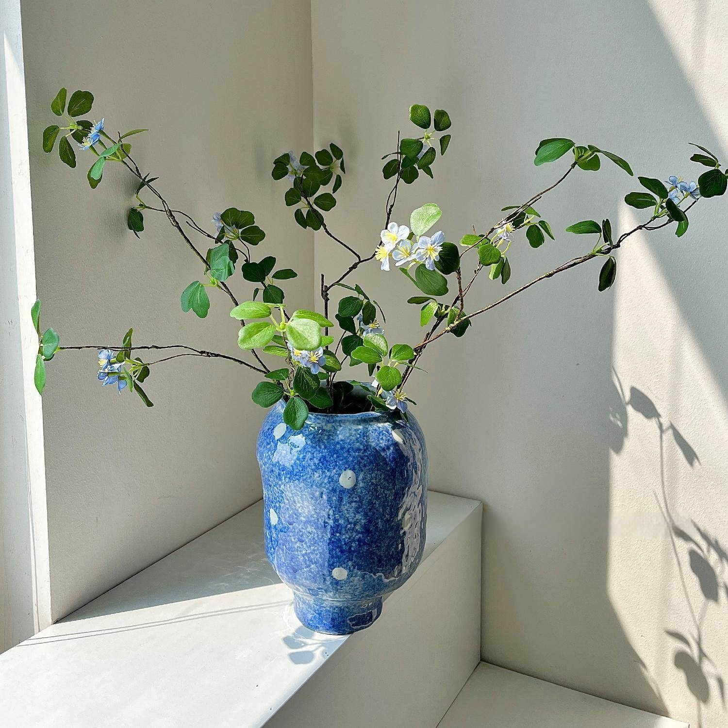 High-End Living Room Floral Arrangement Decor New Chinese-Style Blue Ceramic Vase