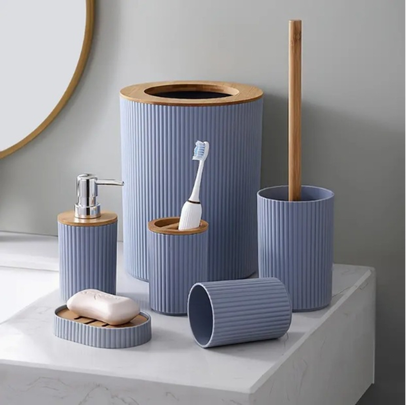 Affordable Luxury Bamboo And Wood Bathroom Set Washbasin Accessories Hydraulic Cup Soap Dish Toothbrush Holder