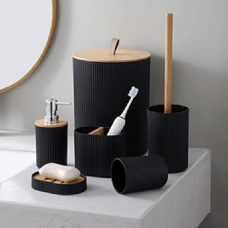 Affordable Luxury Bamboo And Wood Bathroom Set Washbasin Accessories Hydraulic Cup Soap Dish Toothbrush Holder