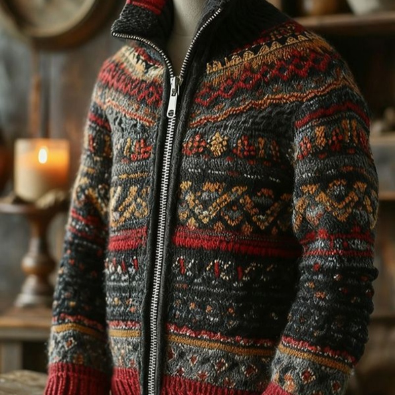 Christmas 3D-printed Chunky-knit Fabric Zip-up Sweater