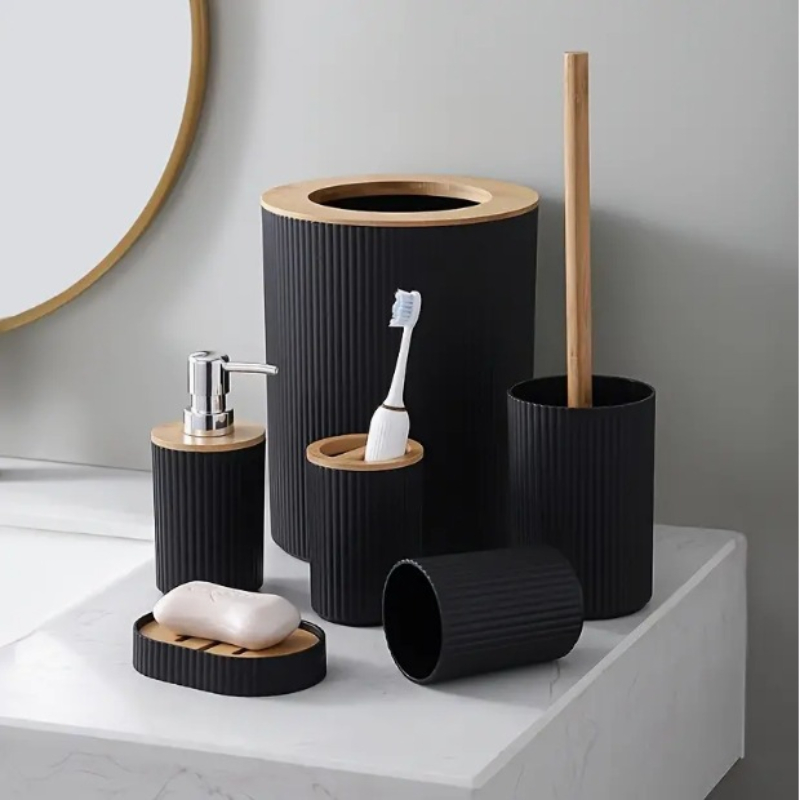 Affordable Luxury Bamboo And Wood Bathroom Set Washbasin Accessories Hydraulic Cup Soap Dish Toothbrush Holder
