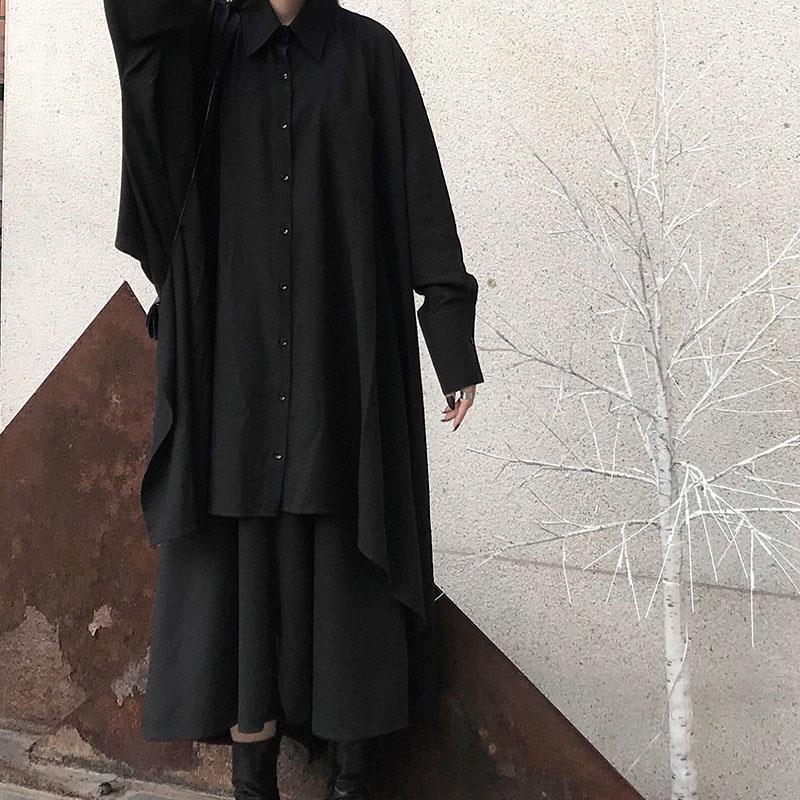 Long-sleeve Mid-length Shirt With An Asymmetrical Black Skirt