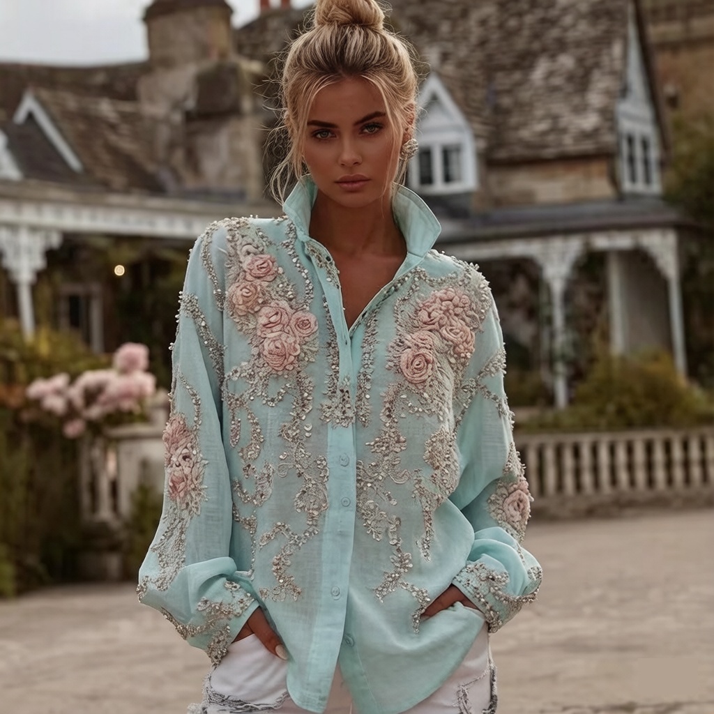 Simple Lapel 3D Digital-print Shirt With Long Sleeves