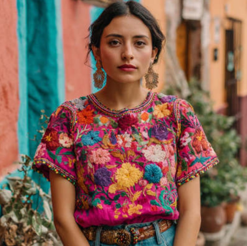 Womens Retro Bohemian Rose-Embroidered Loose Linen Top