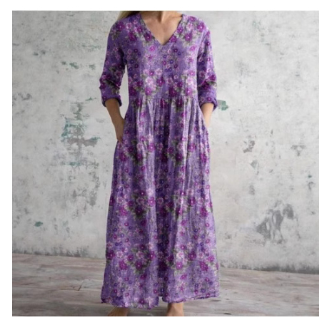 Womens Loose Stylish High-End V-Neck Printed Dress