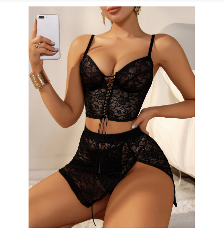 Lace-Panel Strappy Skirt  Suspender Lingerie 3-Piece Set