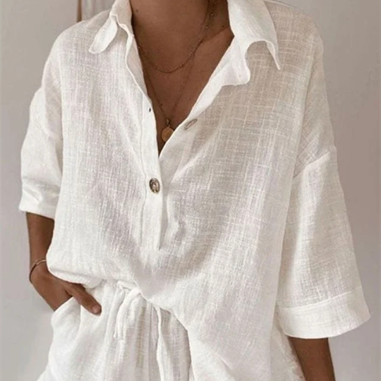 Women's Casual White Lapel T-Shirt Shorts Two Piece Set