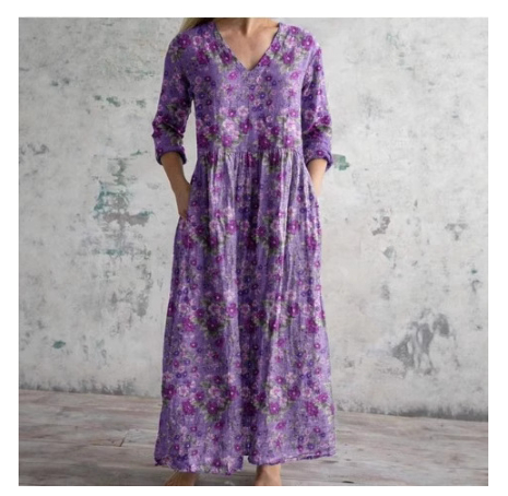 Womens Loose Stylish High-End V-Neck Printed Dress