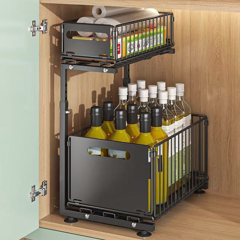 Under Sink Double Layer Pull Out Storage Rack For The Kitchen Sink