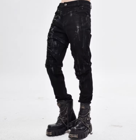 Punk Mecha Mens Trousers Slim-fit Casual Pants With A Washed Distressed Denim Look