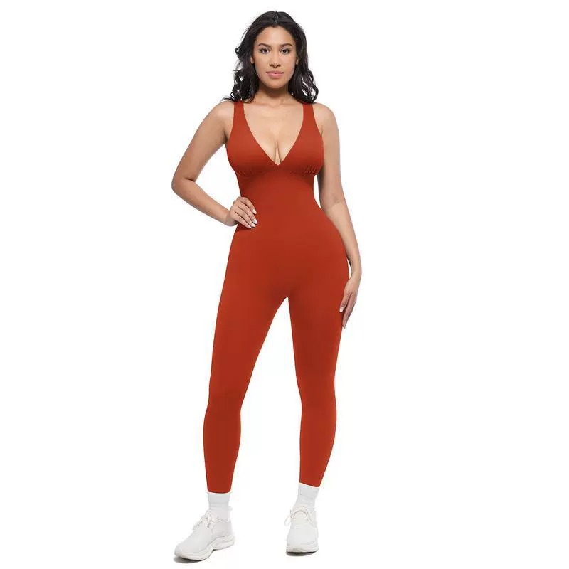 Womens Solid-Color Versatile V-Neck Yoga Jumpsuit