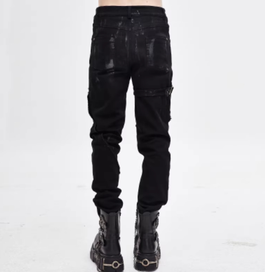 Punk Mecha Mens Trousers Slim-fit Casual Pants With A Washed Distressed Denim Look