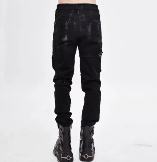 Punk Mecha Mens Trousers Slim-fit Casual Pants With A Washed Distressed Denim Look