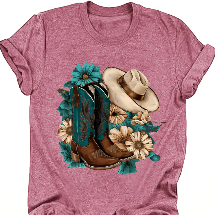 Womens Loose-fitting Fashionable Boots With A Hat Print And Short Sleeves