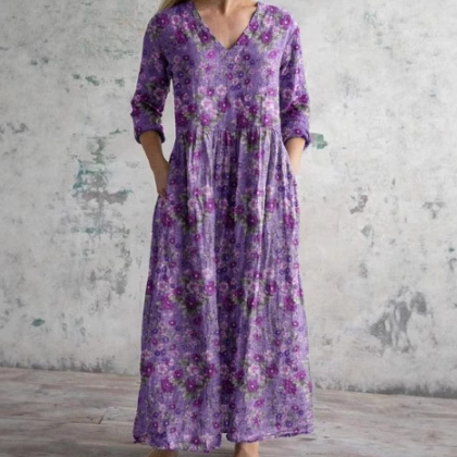 Womens Loose Stylish High-End V-Neck Printed Dress
