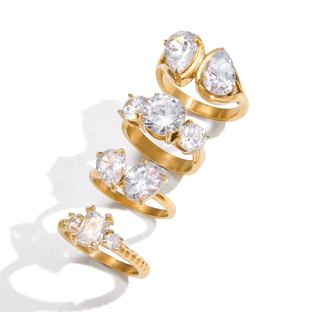 Timeless And Elegant 18K Gold Stainless Steel Ring With White Zircons