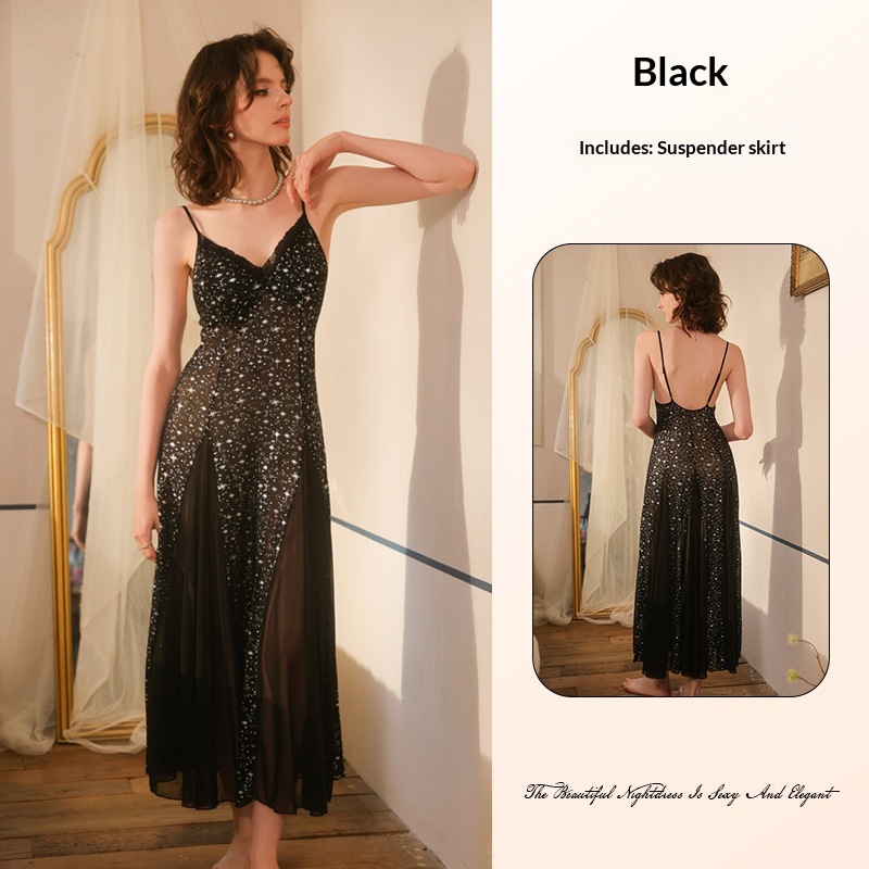 Sexy Backless Spaghetti-Strap Starry Sequin Sheer Nightgown