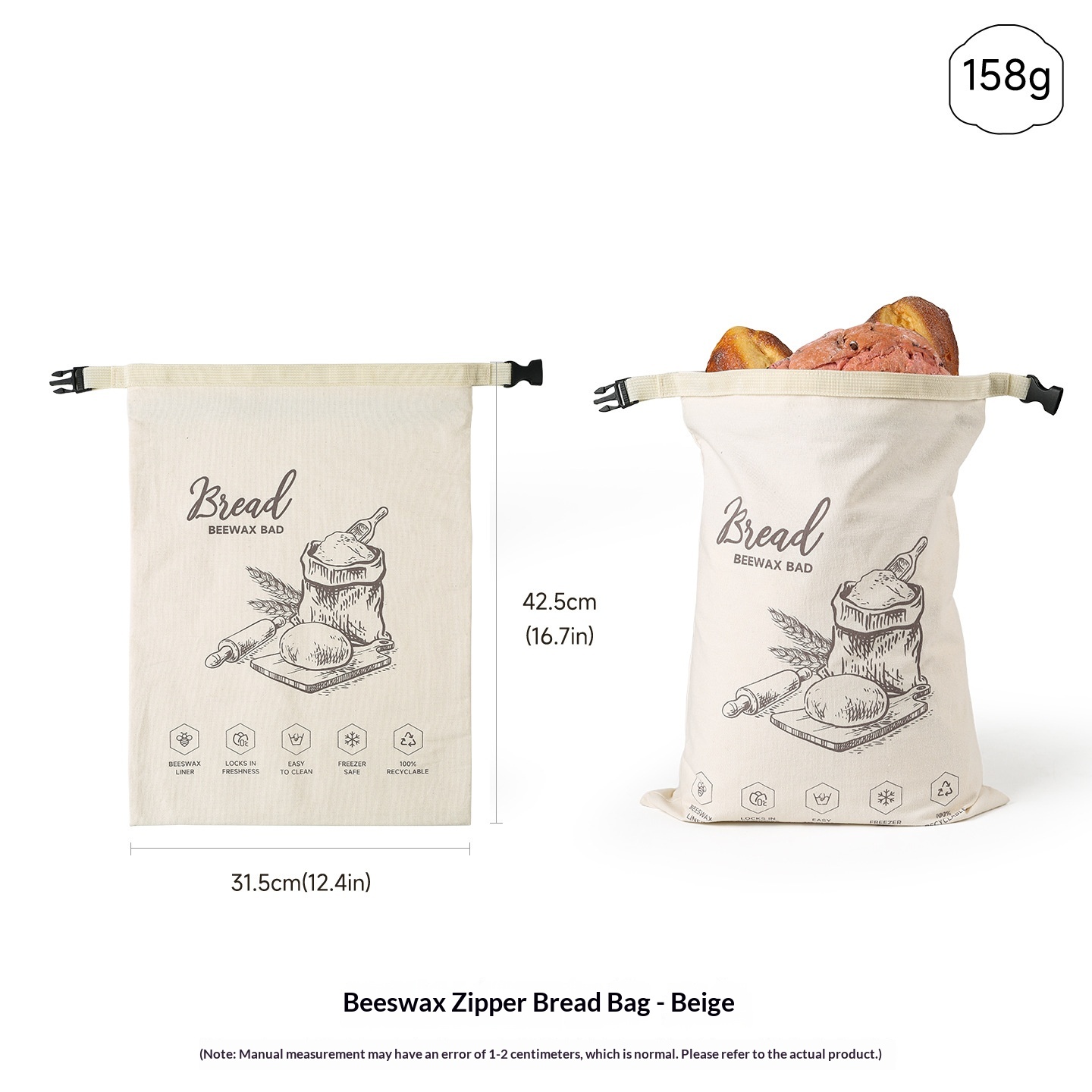 Reusable Food-grade Zippered Beeswax Bread Bag