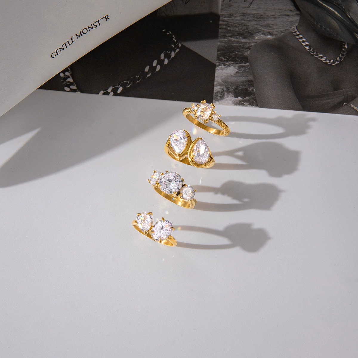 Timeless And Elegant 18K Gold Stainless Steel Ring With White Zircons