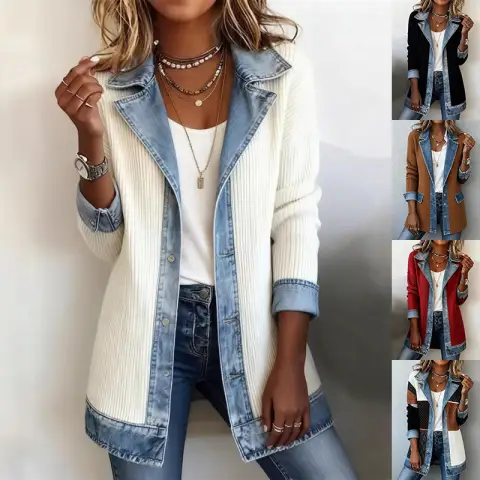Denim patchwork jacket fashion commuter lapel button down long sleeved t