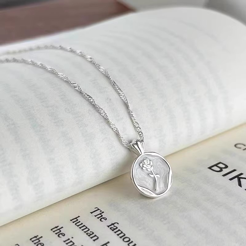 S925 Sterling Silver White Epoxy Rose Flower Necklace For Women