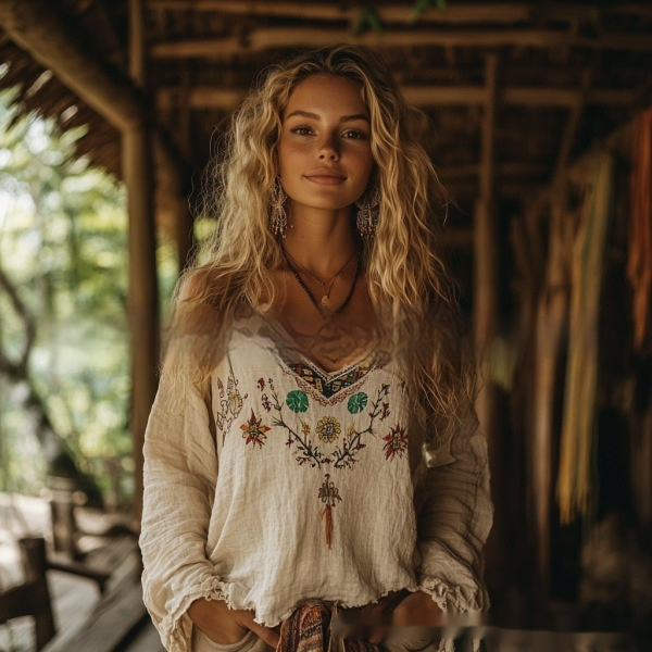 Womens Digital-Print V-Neck Long-Sleeve Casual T-Shirt