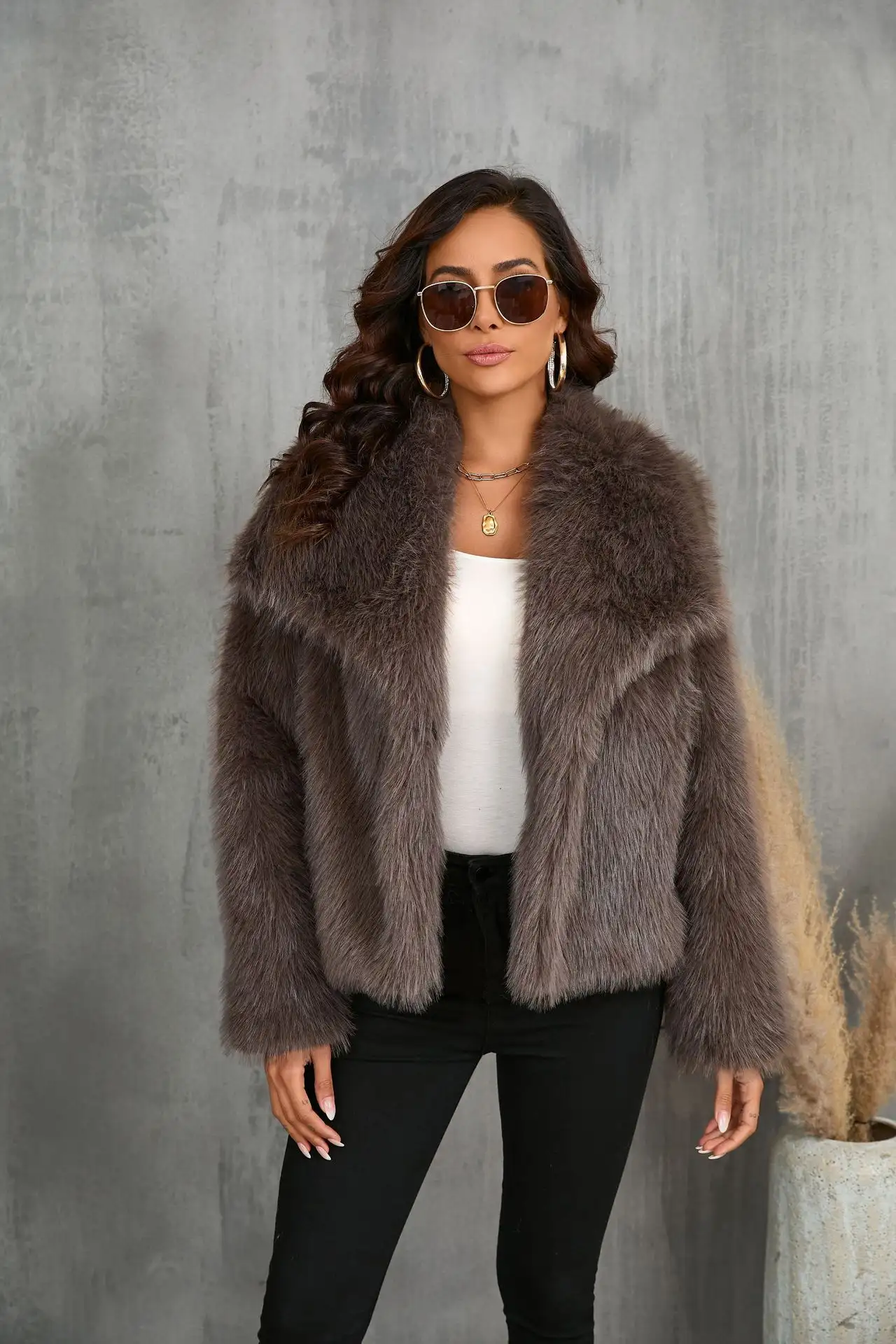 Winter Plush Coat Fashion Warm Thicken Fluffy Lapel Jacket Outwear Casual Long