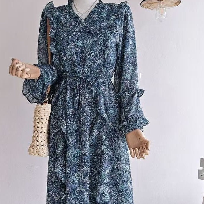 Women's Elegant V-neck Blue Floral Dress