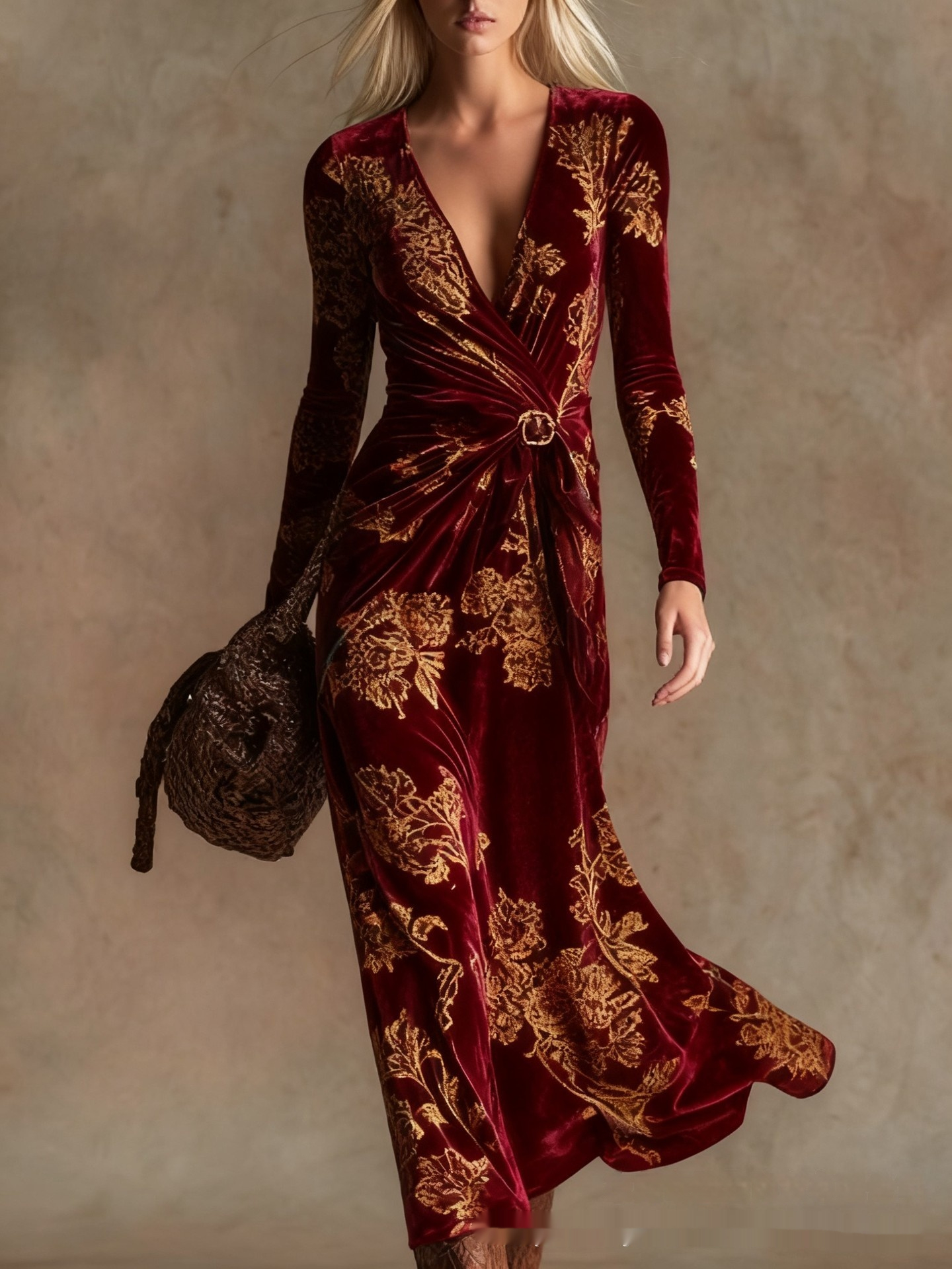 3D Geometric Line Pattern V-Neck Long-Sleeve Womens Dress