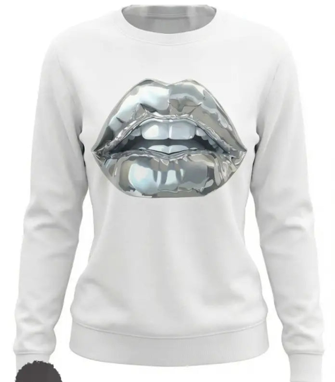 Womens Cartoon Silver Lip-Printed Sweatshirt