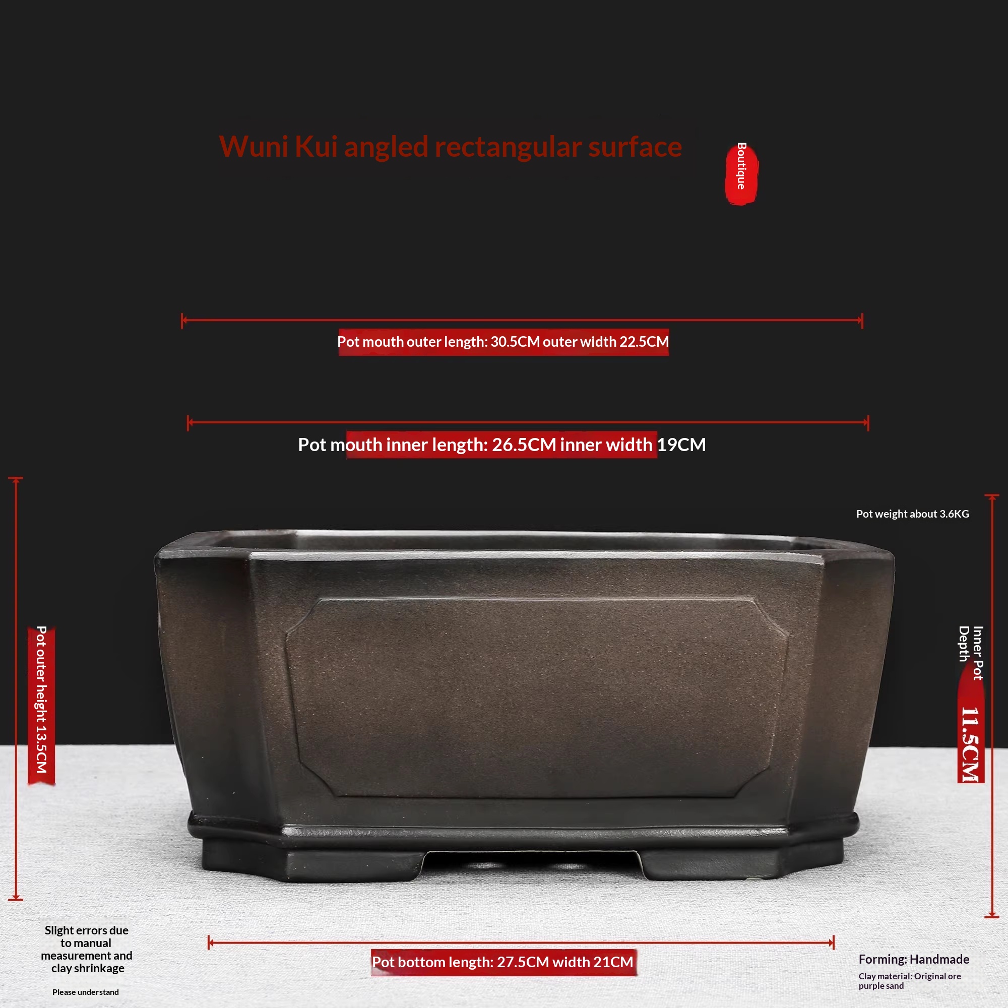 High-temperature Kiln-transformed Rectangular Purple Clay Bonsai Pot With Chamfered Corners